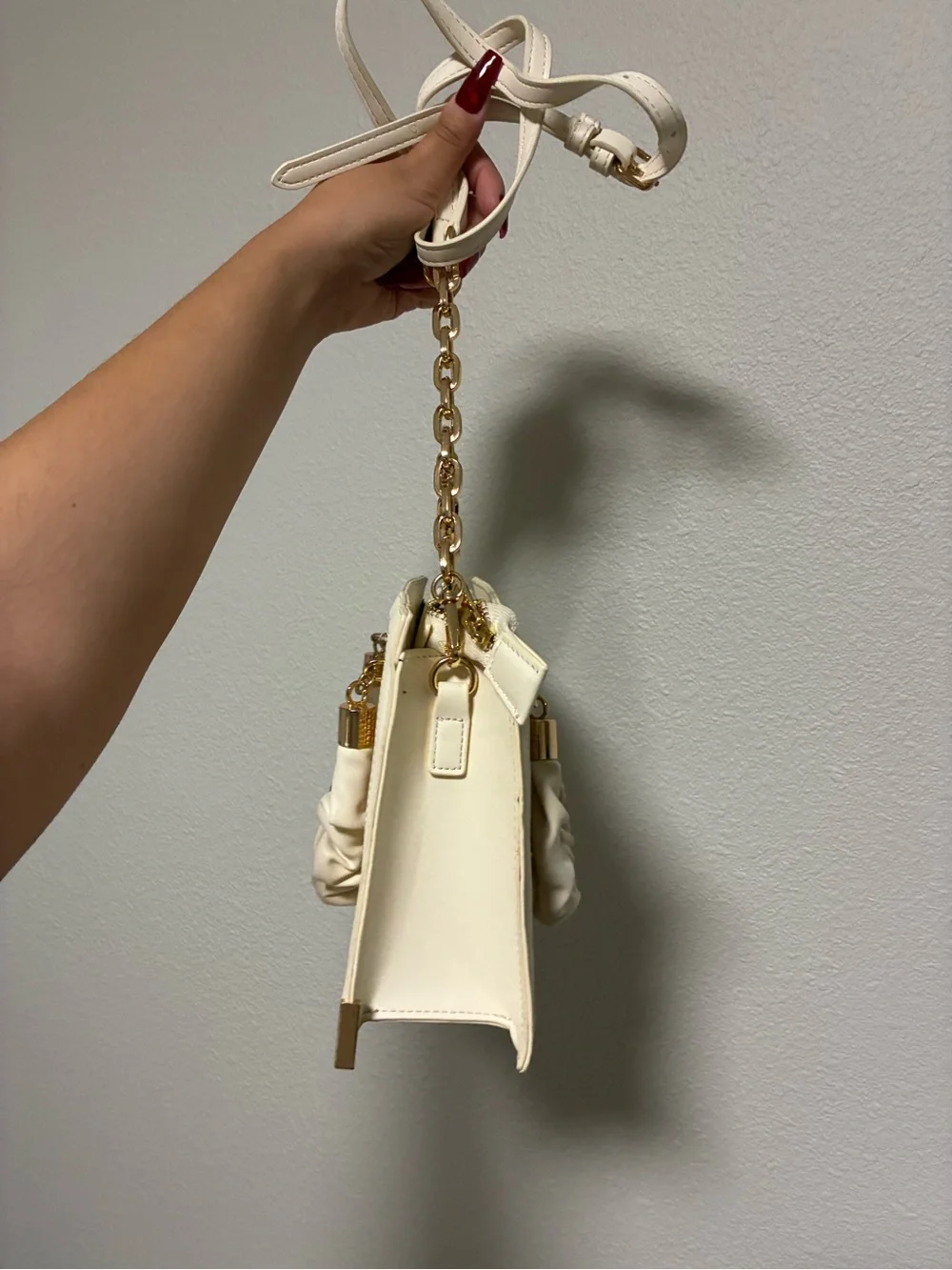 Woven Straw Accent Crossbody Bag with White Trim and Gold Chain